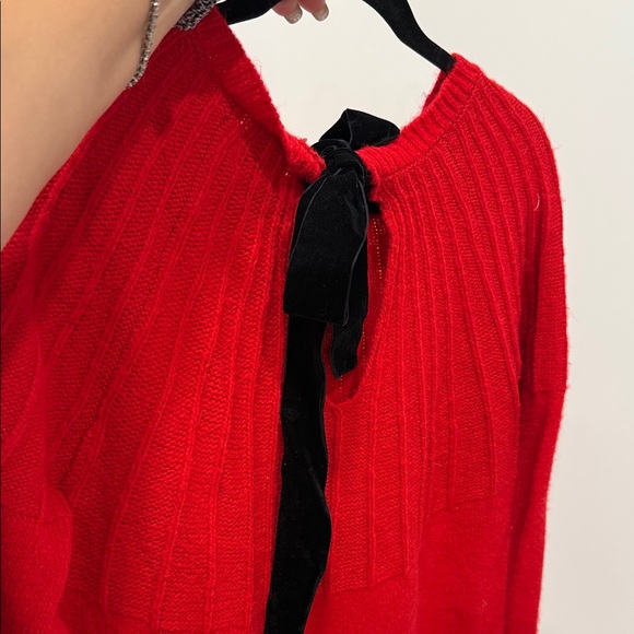 Red Knit Sweater Dress with Black Velvet Bow - Picture 3 of 7